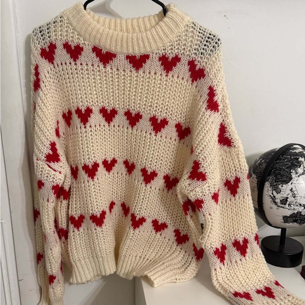 SHEIN Cream and Red Heart Knit Crew Neck Sweater